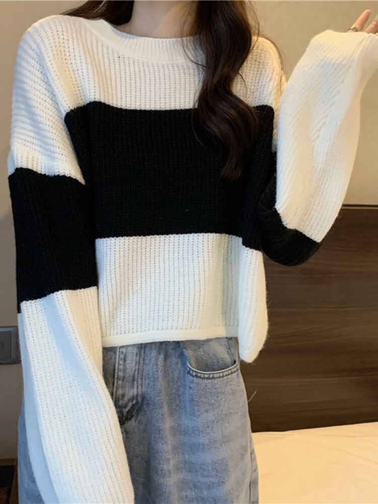 swvws Autumn Winter Knitted Sweater Women Casual Stripe Pullover Korean Vintage Loose Short Knitwear Female Long Sleeve O Neck Sweater