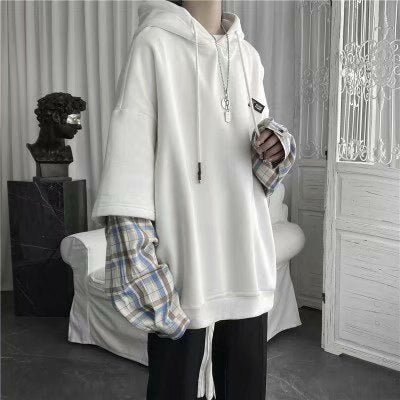 swvws Back To School  Men's Hoodies White Hoodie Sweatshirt With Hood Hooded Sweatshirts Check Black Casual Japanese Streetwear Hip Hop Autumn