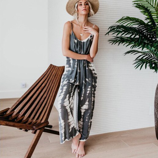 swvws Fashion Tie-Dye Jumpsuit For Women Loose Sleeveless Casual Homewear Summer Boho Vacation Beach Playsuit Strap Romper Overalls