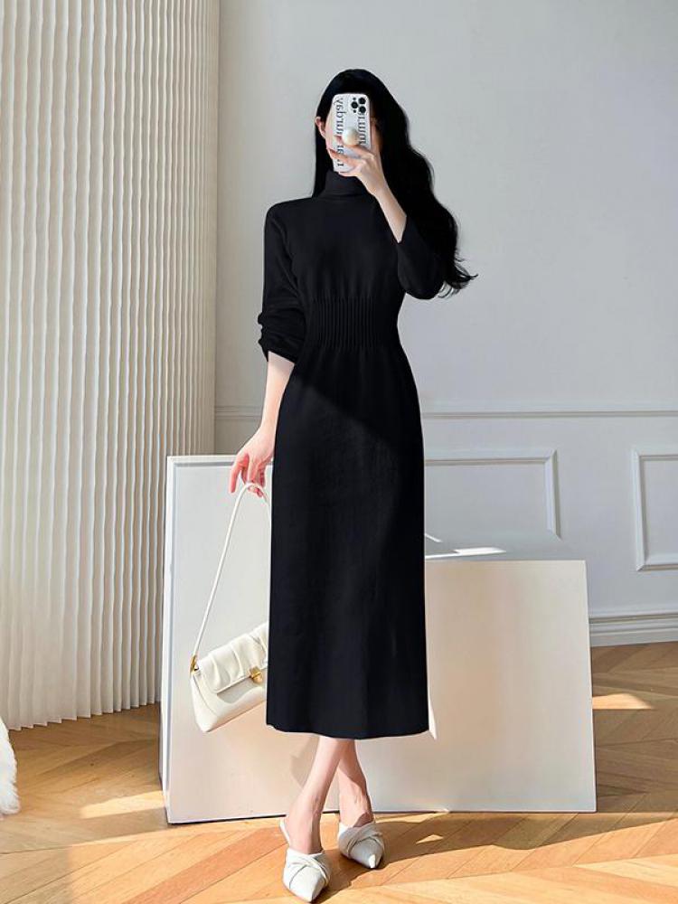 swvws Korean White Fashions High Neck Knitted Warm Sweater Dress Autumn Winter Female Black Classy Retro Slim Waist Long Dress Simple