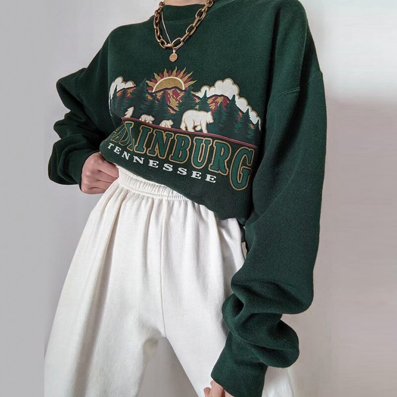 swvws Y2K Vintage Green Women Hoodies Oversize E Girl Aesthetic Print Sweatshirt Autumn 90S Street Pullover Long Sleeve Top