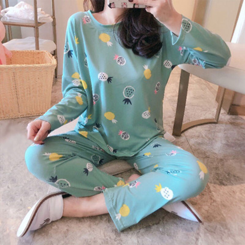 swvws Spring And Autumn Pajamas Women's Long-Sleeved Trousers Two-Piece Set Of Milk Silk Thin Section Breathable Student Home Clothes