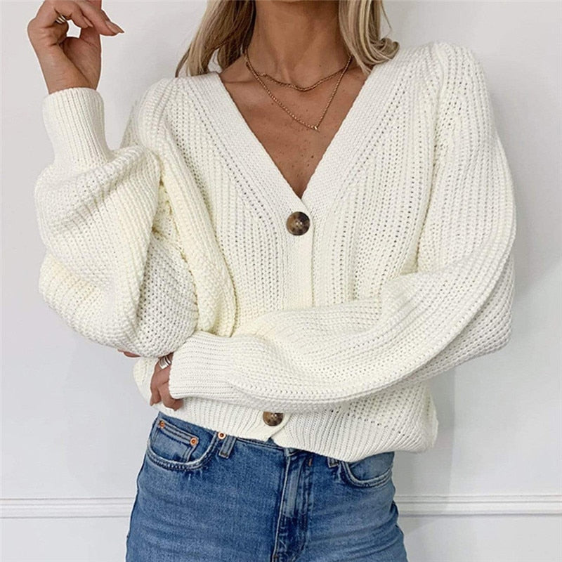 swvws Women Fashion Oversized V-Neck Button Solid Knitwear Outwear Cardigans Autumn New Casual Batwing Sleeve Knitted Sweater Female