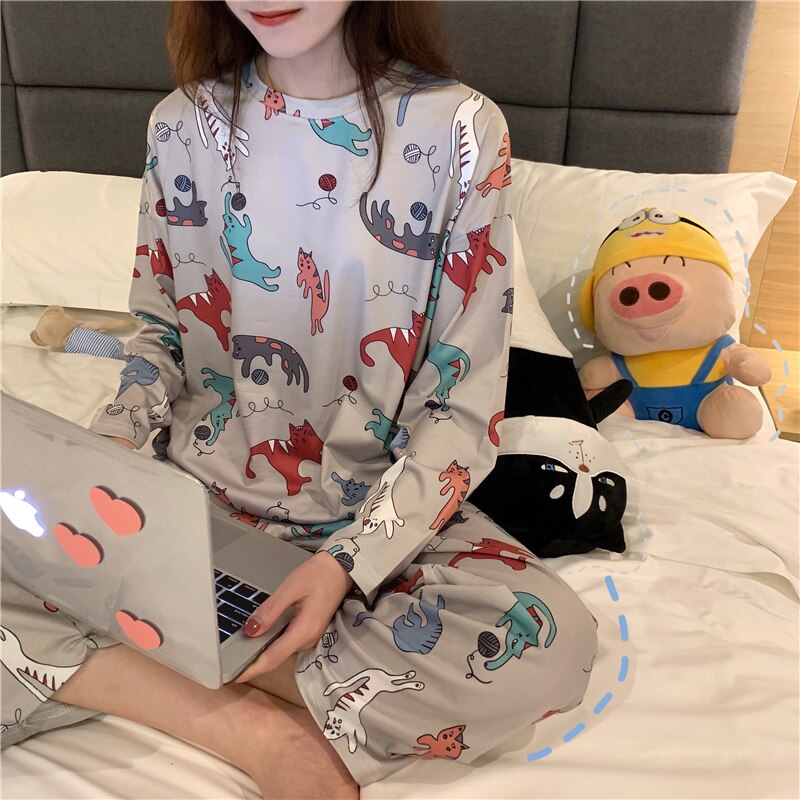 swvws Spring And Autumn Pajamas Women's Long-Sleeved Trousers Two-Piece Set Of Milk Silk Thin Section Breathable Student Home Clothes