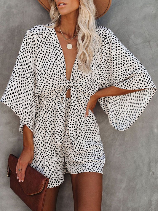 swvws Foridol Leopard Print Bowknot Wide Leg Romper Overalls  Casual Loose Summer V Neck Playsuits Short Jumpsuits Pockets