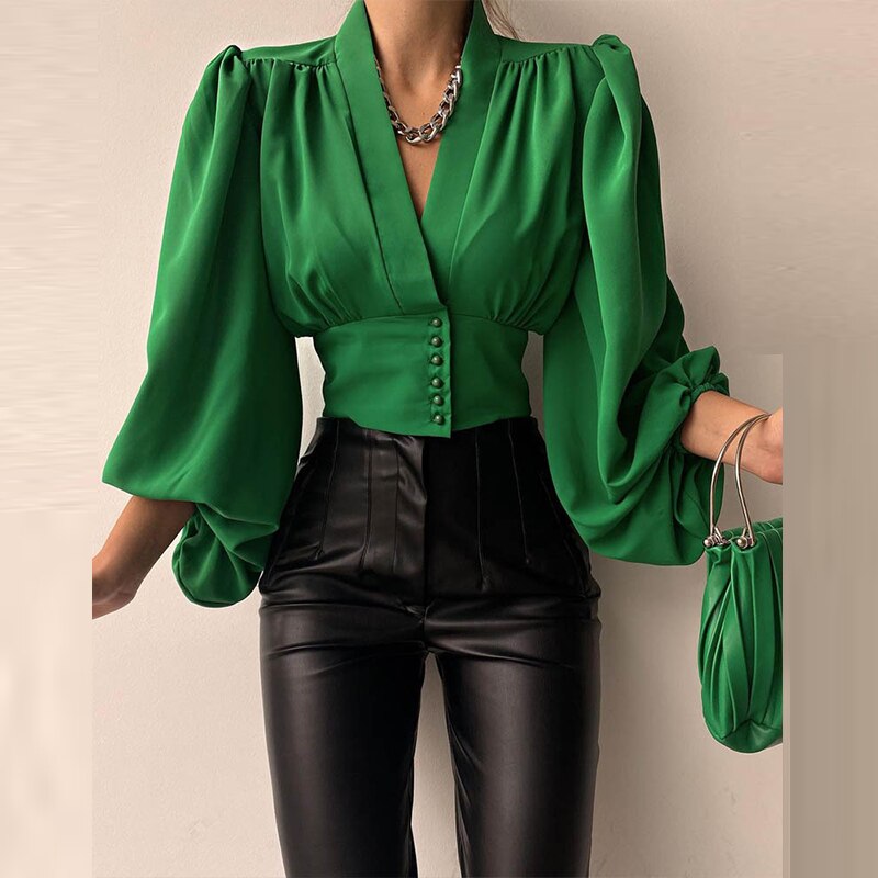 swvws New Women Solid Chiffon Button Shirt Blouses For Women Puff Long Sleeve Tops Women  V Neck Clothing  Female Button Up Shirt