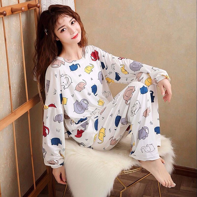 swvws Spring And Autumn Pajamas Women's Long-Sleeved Trousers Two-Piece Set Of Milk Silk Thin Section Breathable Student Home Clothes