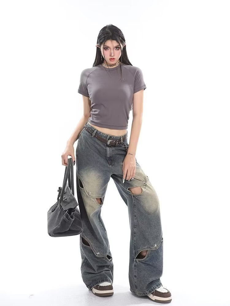 swvws Small crowd deconstruction design sense jeans, high street wide leg pants, high-end floor long pants, trendy brand women's jeans