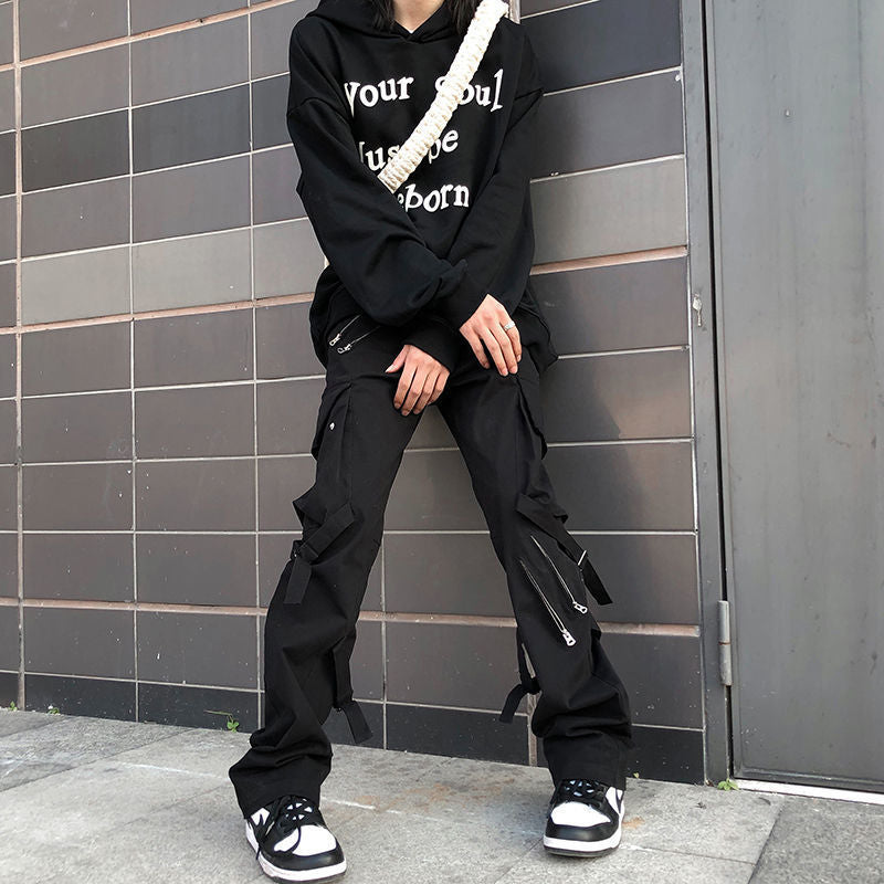 swvws Back To School  Hip Hop Cargo Pants Men Fashion Punk Pants Zipper Hippie Black Cargo Trousers Streetwear Harajuku Gothic Mall Goth Pants