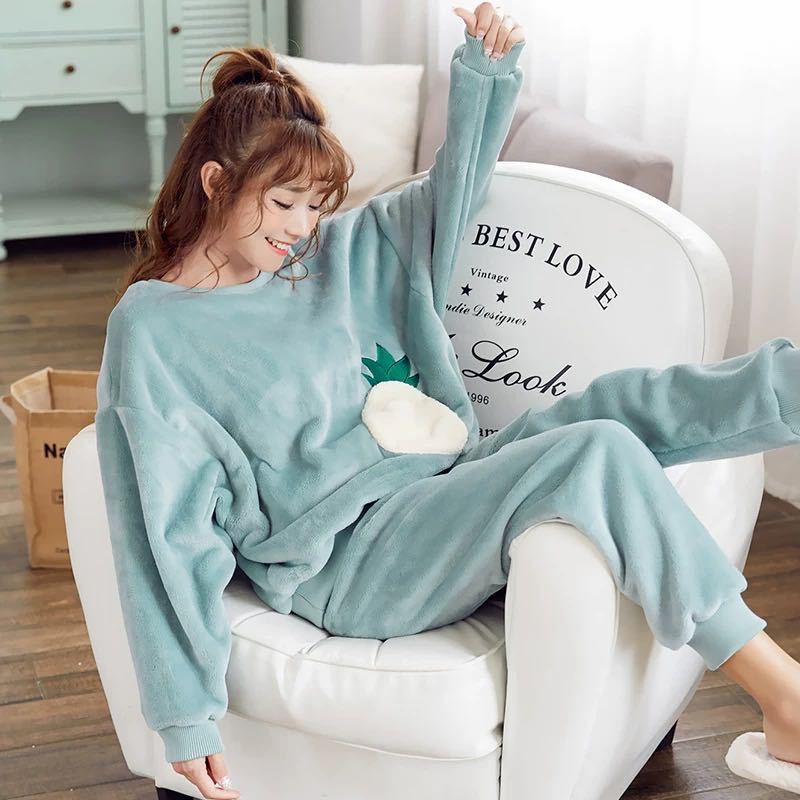 swvws Winter Warm Flannel Women Pyjamas Sets Thick Coral Velvet Long Sleeve Cartoon Sleepwear Thin Flannel Pajamas Set Sleep Wear