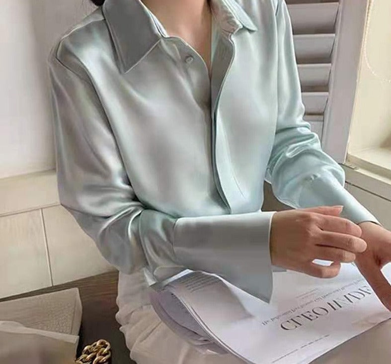 swvws Fashion New Satin Blouse Women Long Sleeve Women Shirt Tops Casual Office Button Shirt Turn Down Collar White Shirts Blusa 17823