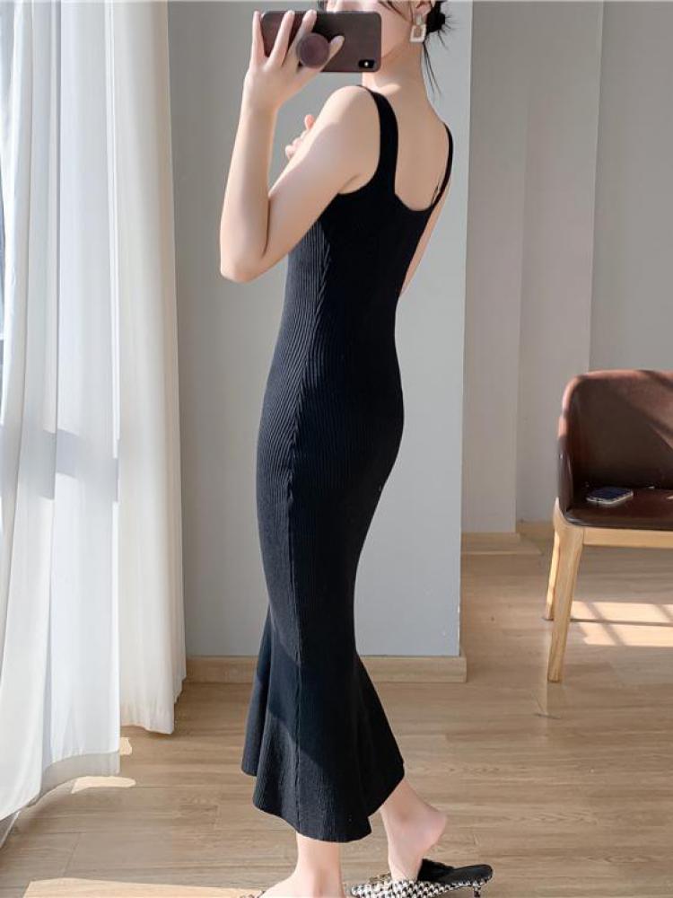 swvws Korea Summer New Women White Elegant V-neck Knit Slip Long Dress French Black Sexy Club Slim Prom Evening Party Fishtail Dresses