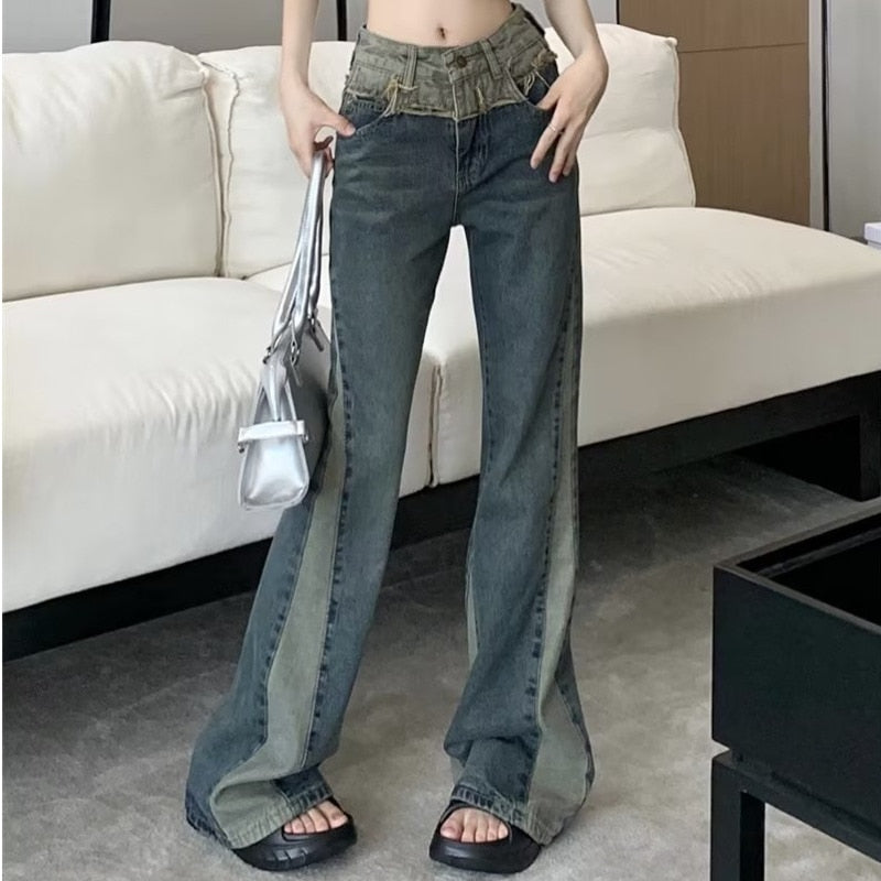 swvws Summer New Splice Slim Raglan Jeans Women Spice Girls High Waist Design Sense Small Public Show Thin Flare Pants