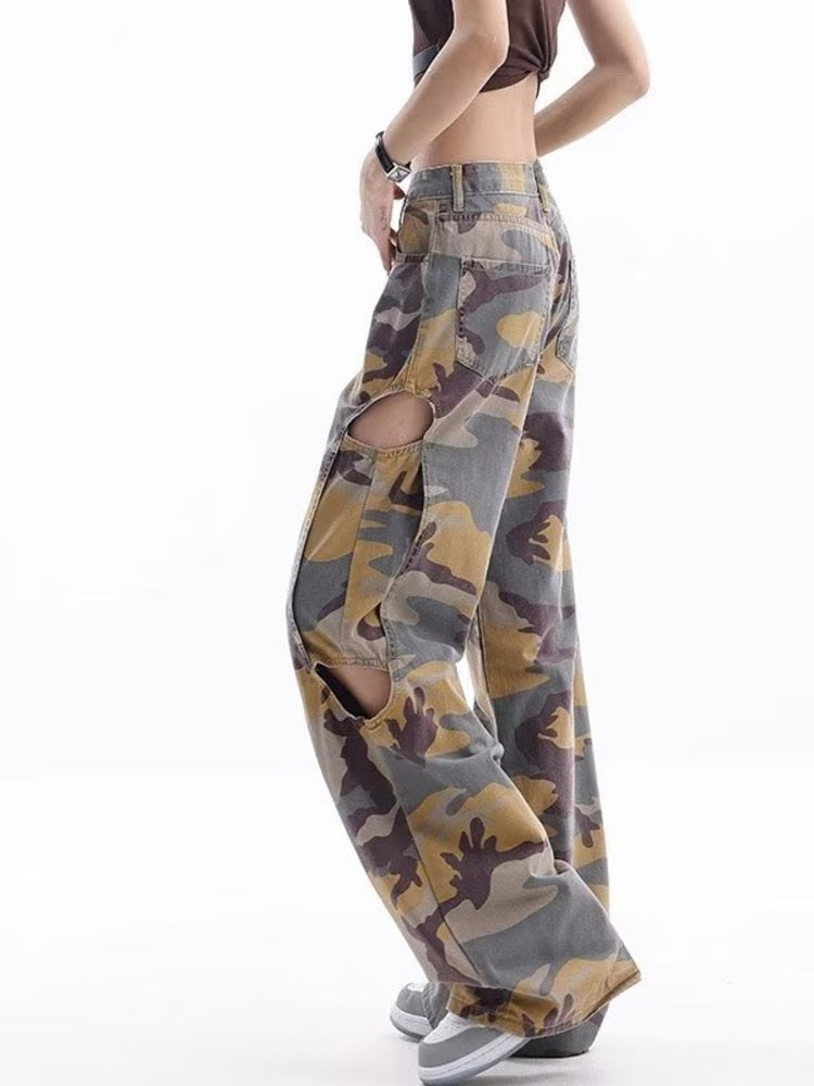 swvws Loose Splashed Ink Speaker Camouflage Pants Trendy Hip-hop Vintage Versatile Work Clothes Pants Wide Leg Pants Women's Jeans