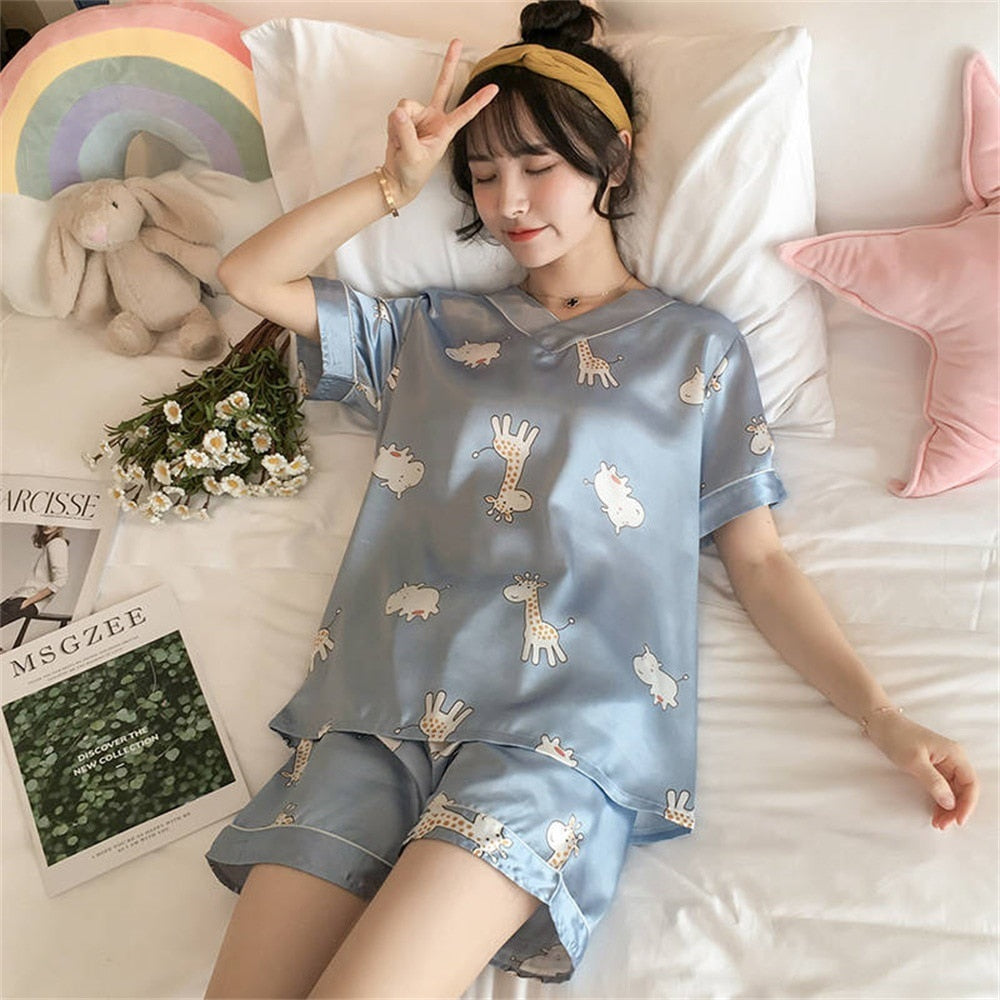 swvws Women's Summer Short-Sleeved Ice Silk Pajamas Loose And Comfortable Homewear Pajama Set Women Sleepwear