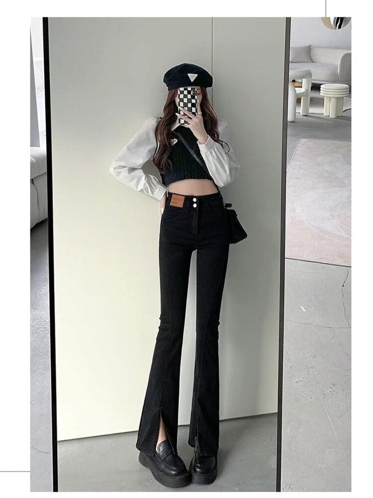 swvws Split Jeans Women's Spring And Autumn New High-waisted Slim Fit Slim Wide-legged Micro-trumpet Mopping Pants Trendy Ins