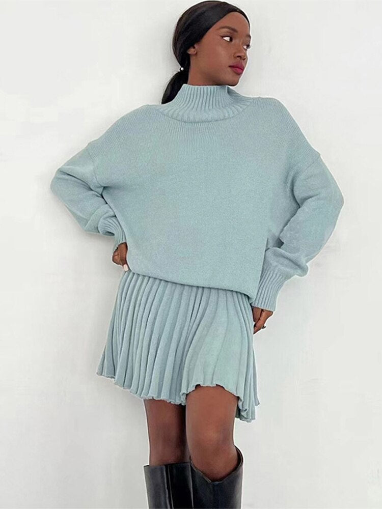 swvws Autumn Knitted Skirts Sets Women Mini Pleated Skirt Long Sleeve Slim Crop Pullover Lady 2 Pieces Set  Casual Female Suits