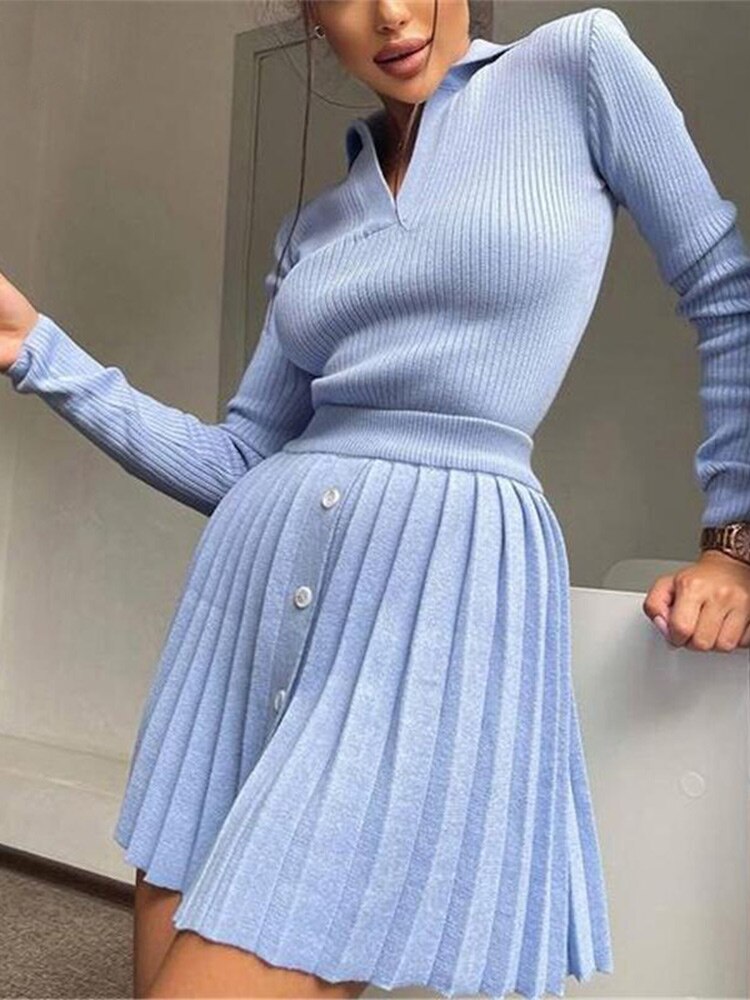 swvws Knit Women's Pleated Skirt Slim Pullovers Set  Autumn Buttons Long Sleeve Knitwear Mini Skirt Sets Ladies Party Tops Suits