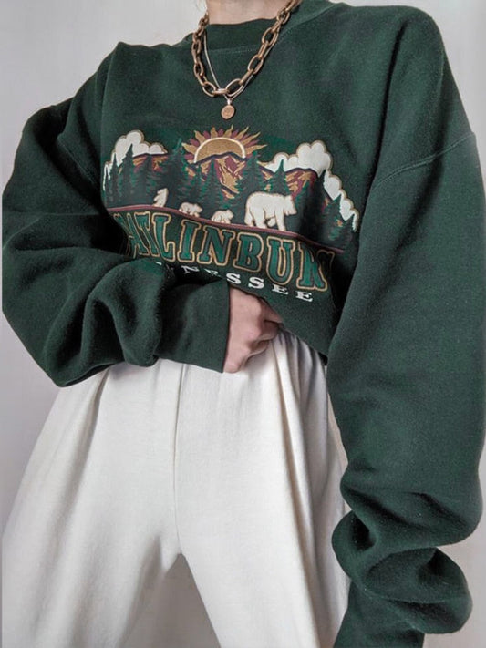 swvws Y2K Vintage Green Women Hoodies Oversize E Girl Aesthetic Print Sweatshirt Autumn 90S Street Pullover Long Sleeve Top