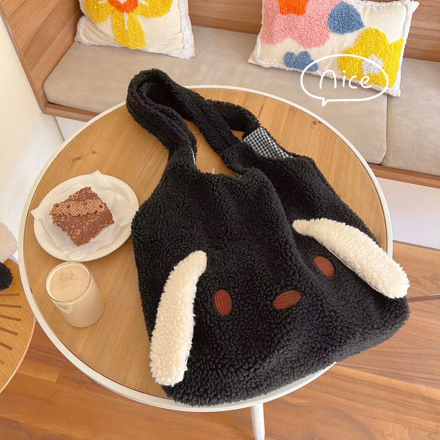 swvws  New Winter Warm Plush Bag Women Imitation Lamb Hair Cartoon Dog Ears Shoulder Bag For Women Large-capacity Tote Bag Handbag