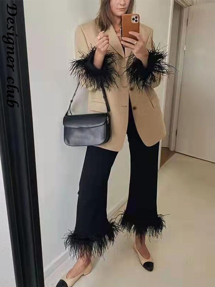 swvws Back To School Feather Blazer Suit Two Piece Set Women Contrast Color Long Sleeve Top Straight Pants Suits Female Fashion Spliced Outfit