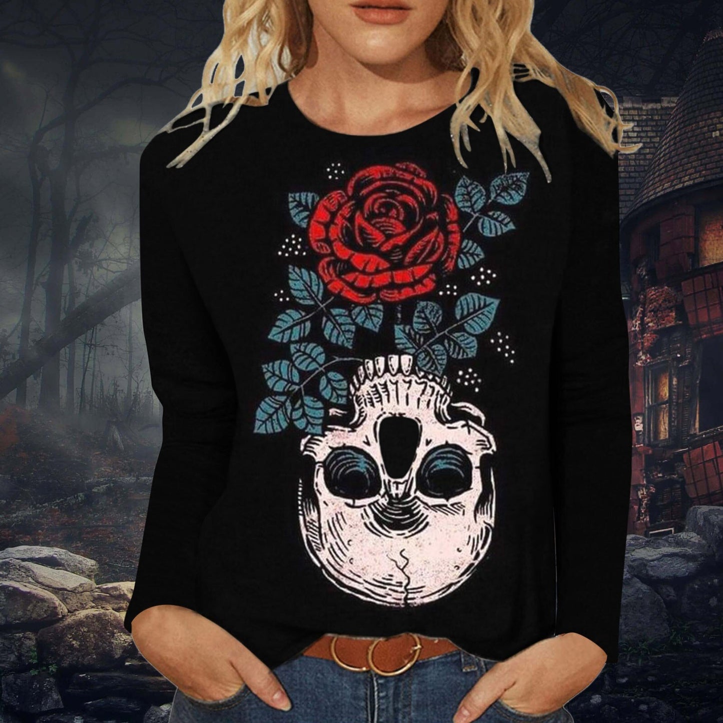 swvws Halloween Hoodies Women Hoodies Skeleton Rose Graphic Oversized Sweatshirt Gothic Fashion Halloween Skull Hoodie Top Streetwear Harajuku Clothes