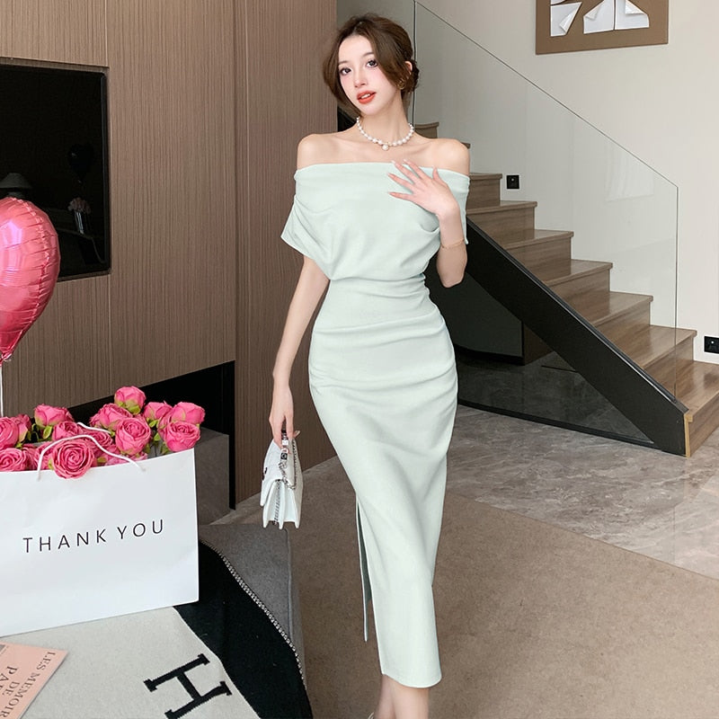 swvws French Temperament Celebrity Wind Sexy Strapless Oblique Collar Dress Female Spring and Summer Slim Open Package Hip Long Dress