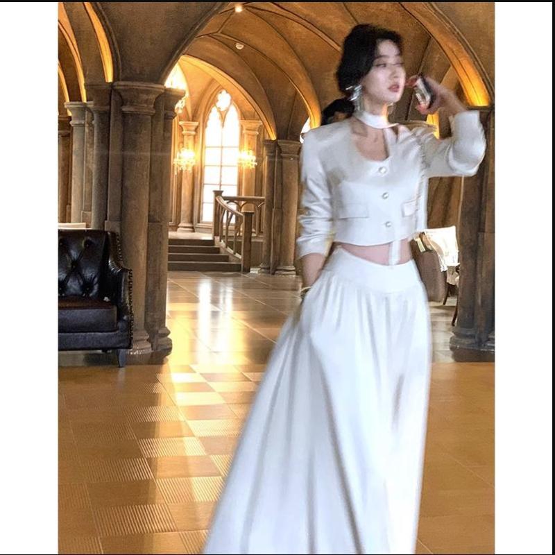 swvws French White Long Sleeve 2 Piece Set for Women Autumn New Elegant Fashion Short Top High Waist Long Skirt Suit Female Clothing