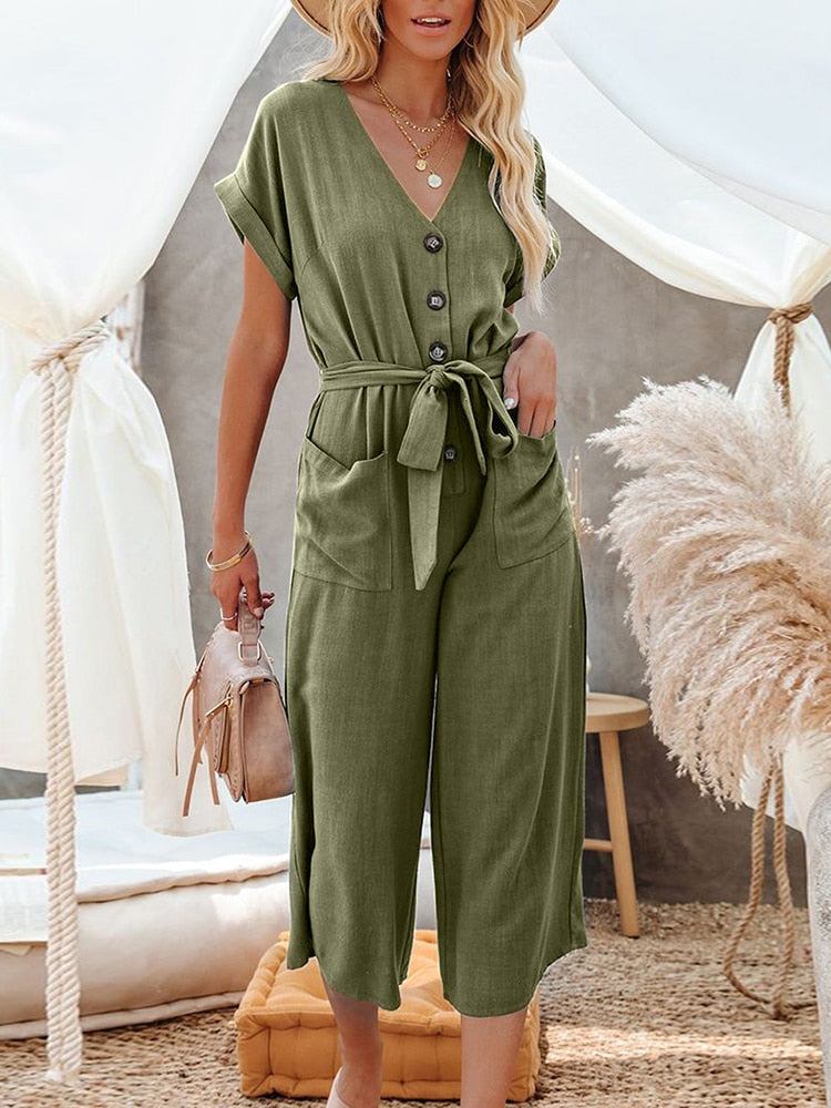 swvws Summer Bandage Jumpsuit Women Short Sleeve V Neck Button Playsuit Casual Loose Belted Romper With Pockets Solid Woman Jumpsuit