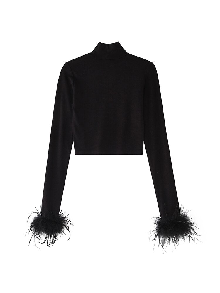 swvws Women's Basic Black T-Shirts Ladies Turtleneck Crop Tops  Fit Skinny Tops Long Sleeve Ostrich Feather Streetwear Outfits