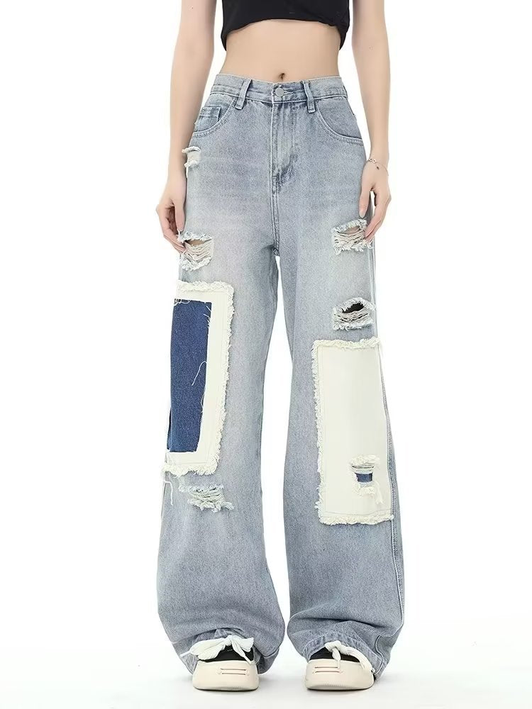 swvws Design Sense Contrast Color Broken Hole Patch Women's Jeans Women's Summer Crowd High Waist Loose Straight Leg Long Pants