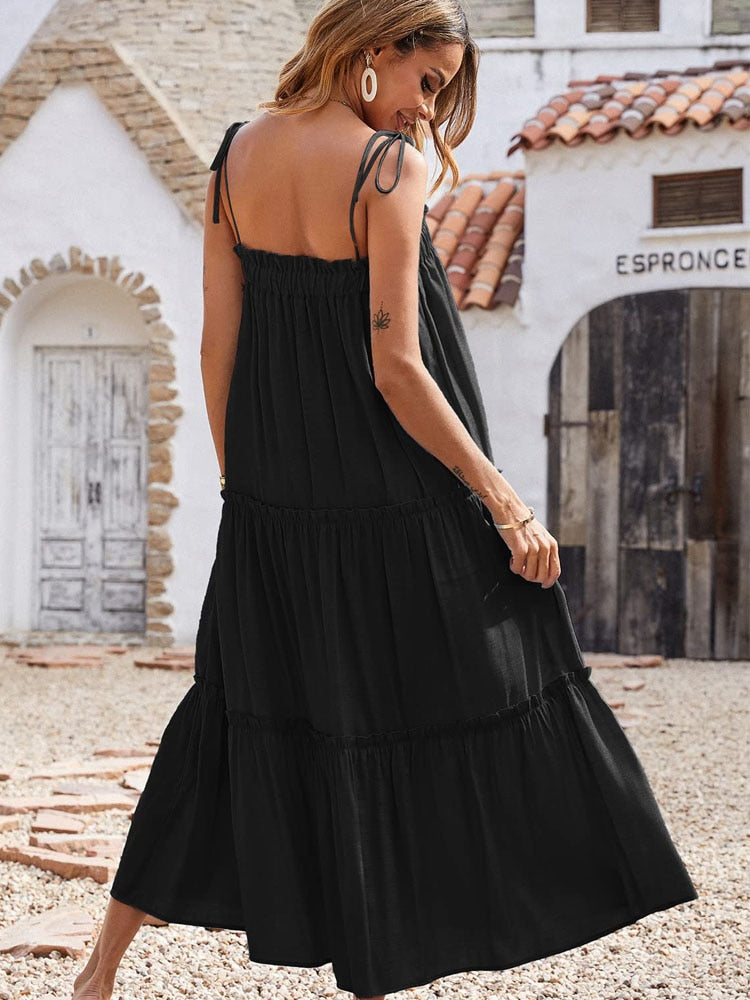 swvws Summer Long Dress Women Spaghetti Strap Sleeveless Loose Maxi Dress Beach Holiday Sundress Vestidos