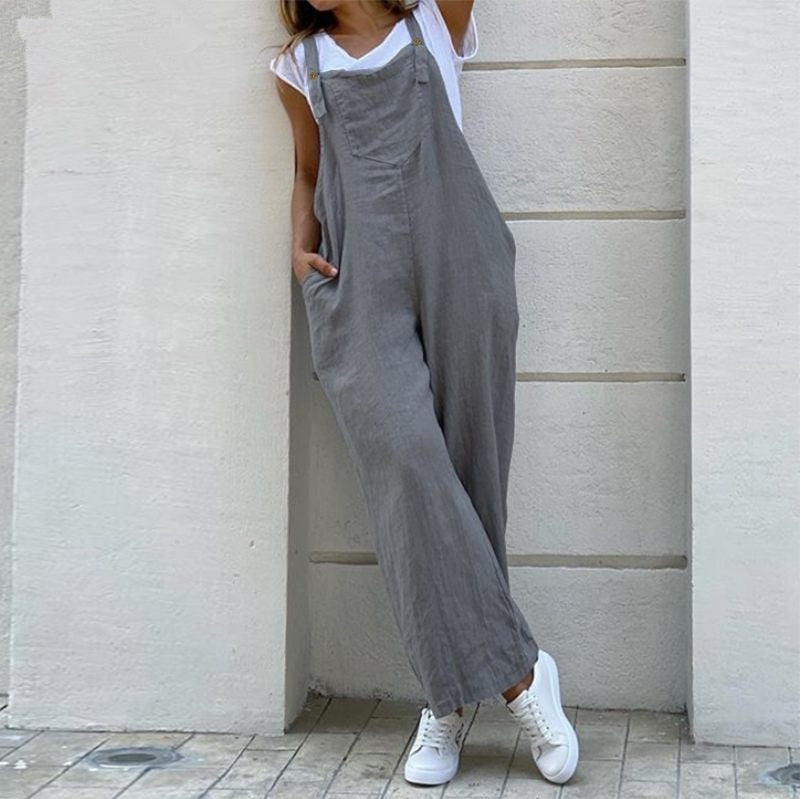 swvws Suspender Solid Long Women Jumpsuit Casual High Waist Cotton Linen Women Jumpsuits Pocket Straight Button Jumpsuits Loose 3XL