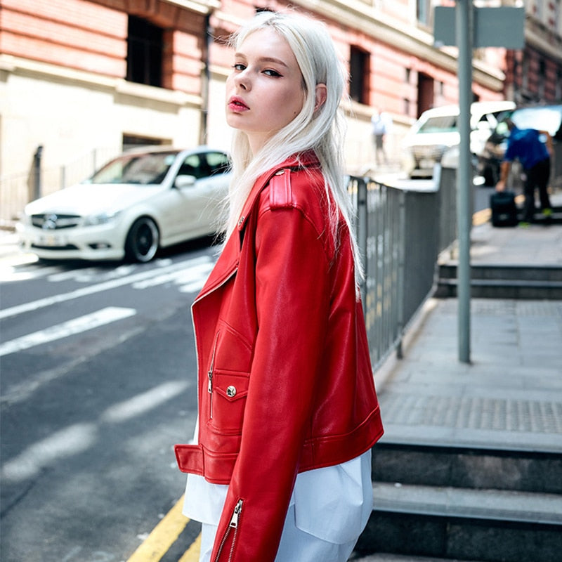 swvws  Autumn Faux Leather Coat Women Red PU Leather Jacket Women Short Biker Jackets Turn Down Collar Slim Motorcycle Outwear