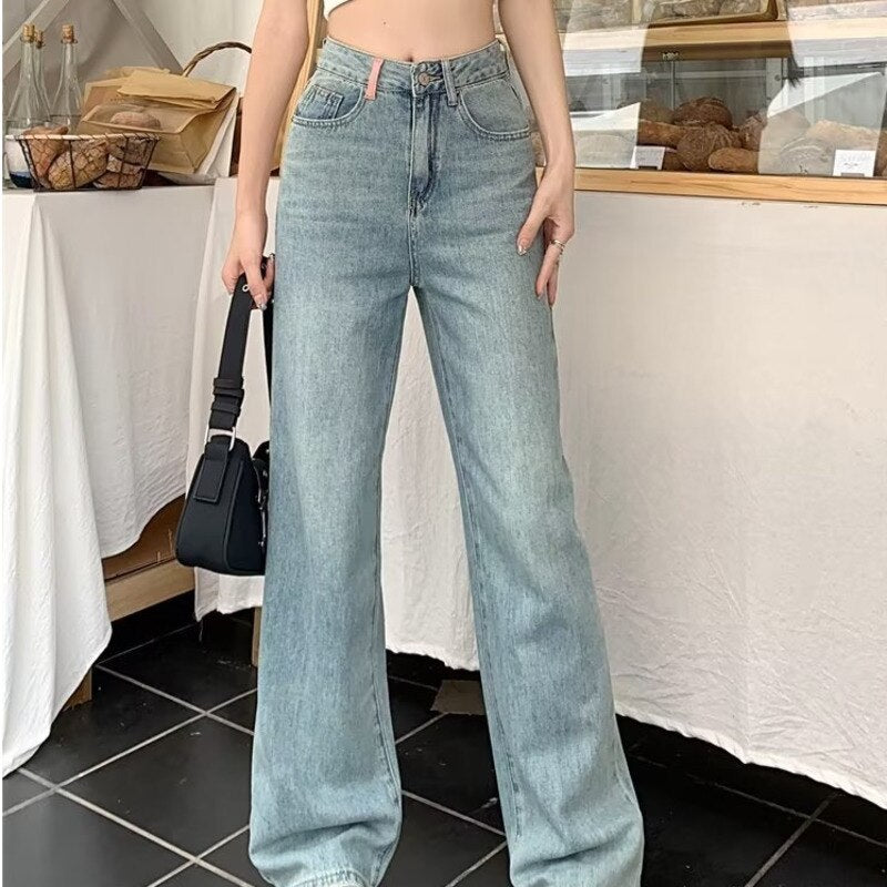 swvws Baby Blue Loose Straight Jeans Women's High Waist Thin Summer Thin Design Tassel Versatile Wide Leg Pants Trend