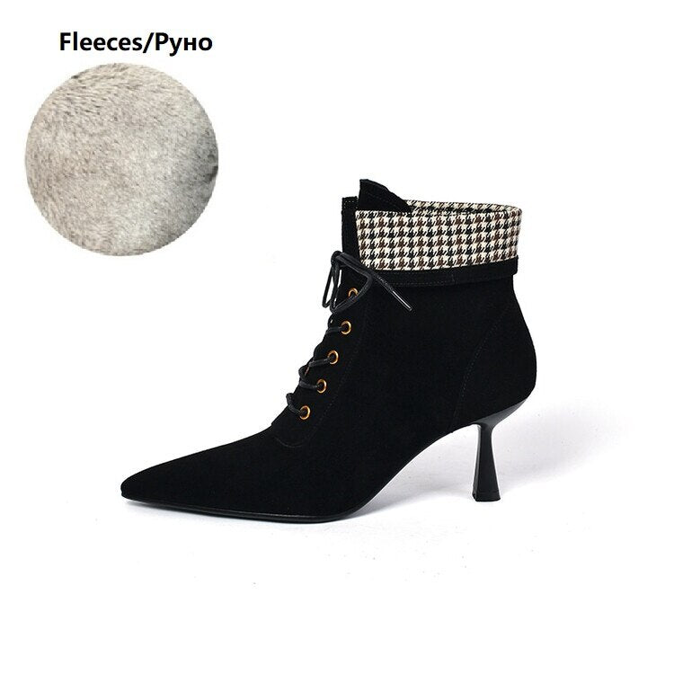 swvws Autumn Boots   NEW Fall Shoes Women Pointed Toe High Heel Shoes Sheep Suede Thin Heel Shoes Plaid Ankle Boots Women Mature Lace-up Modern Boots