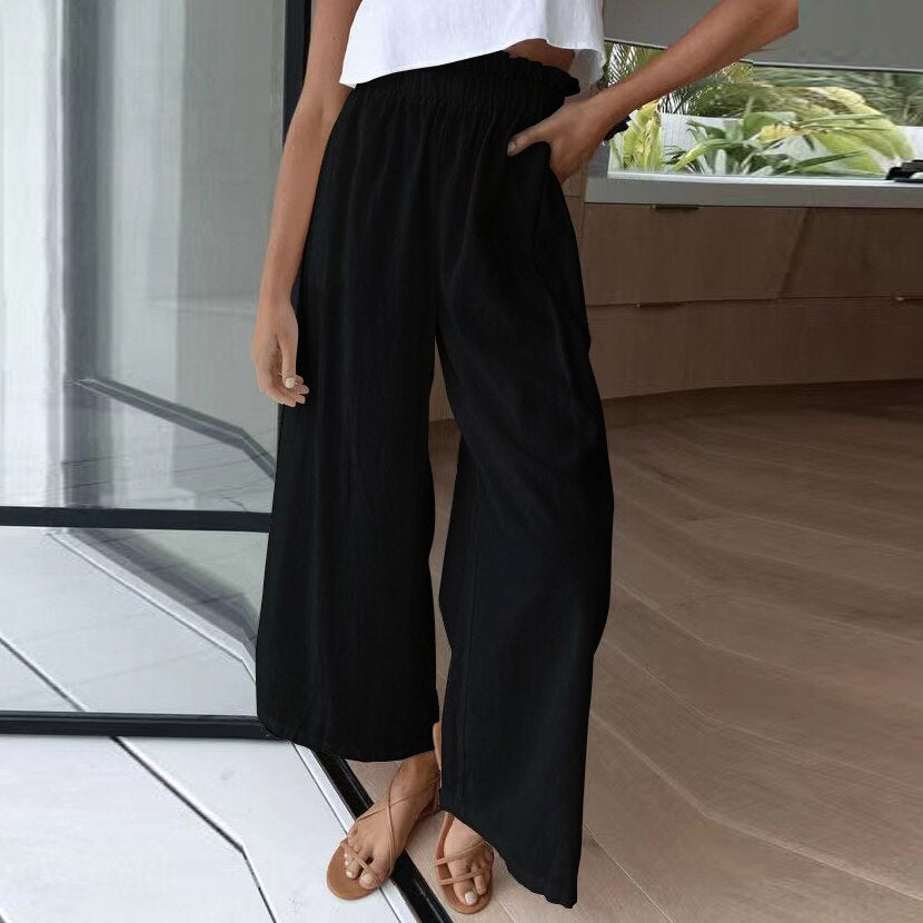 swvws Summer Cotton Linen Long Pant Women High Waist Wide Leg Pant Casual Solid Baggy Trouser Female Loose Retro Sweatpant Streetwear