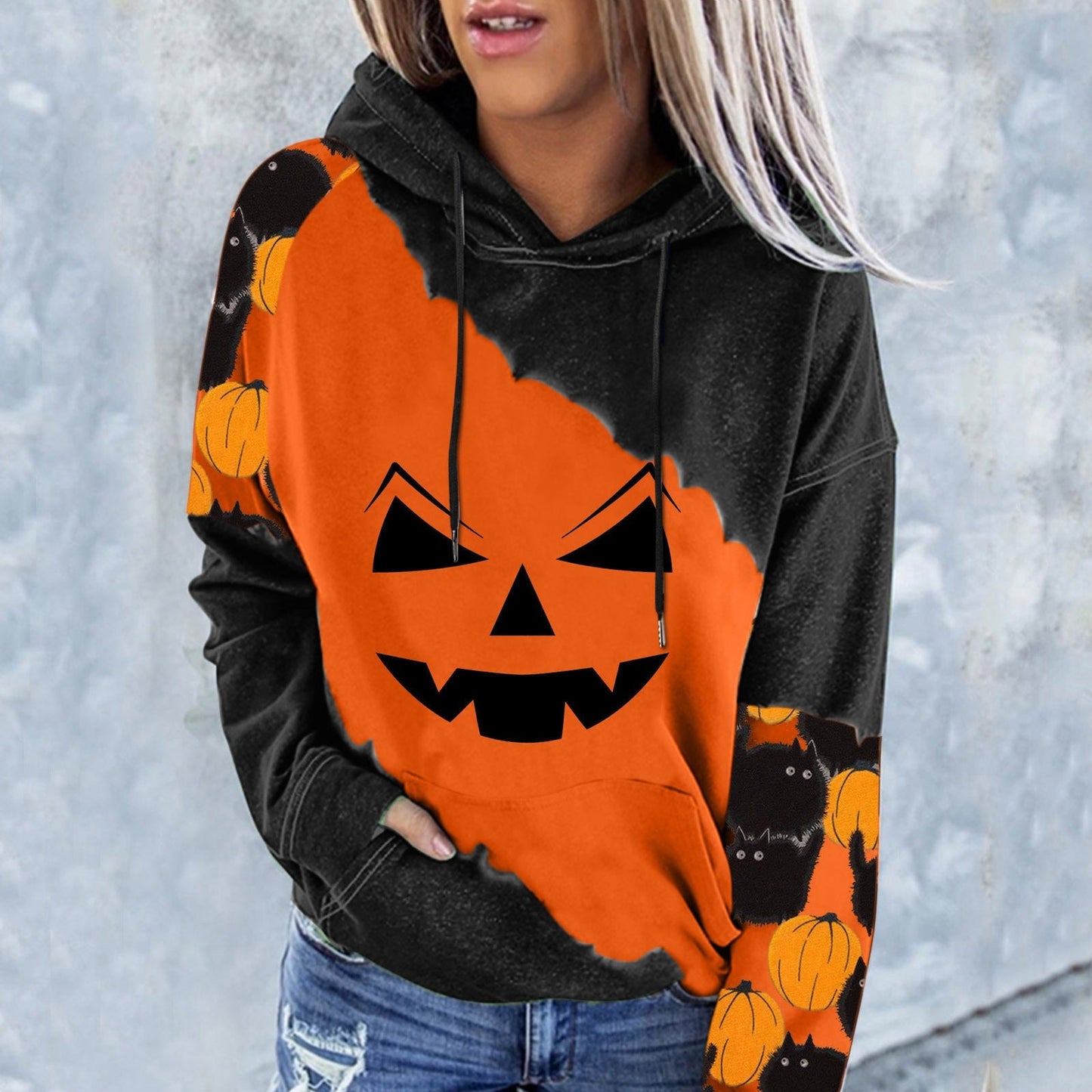 swvws Halloween Hoodies Casual Sweatshirts For Womens Pumpkin Face Printing Patchwork Hoodie Halloween Fashion Long Sleeve Casual Drawstring Sweatshirts