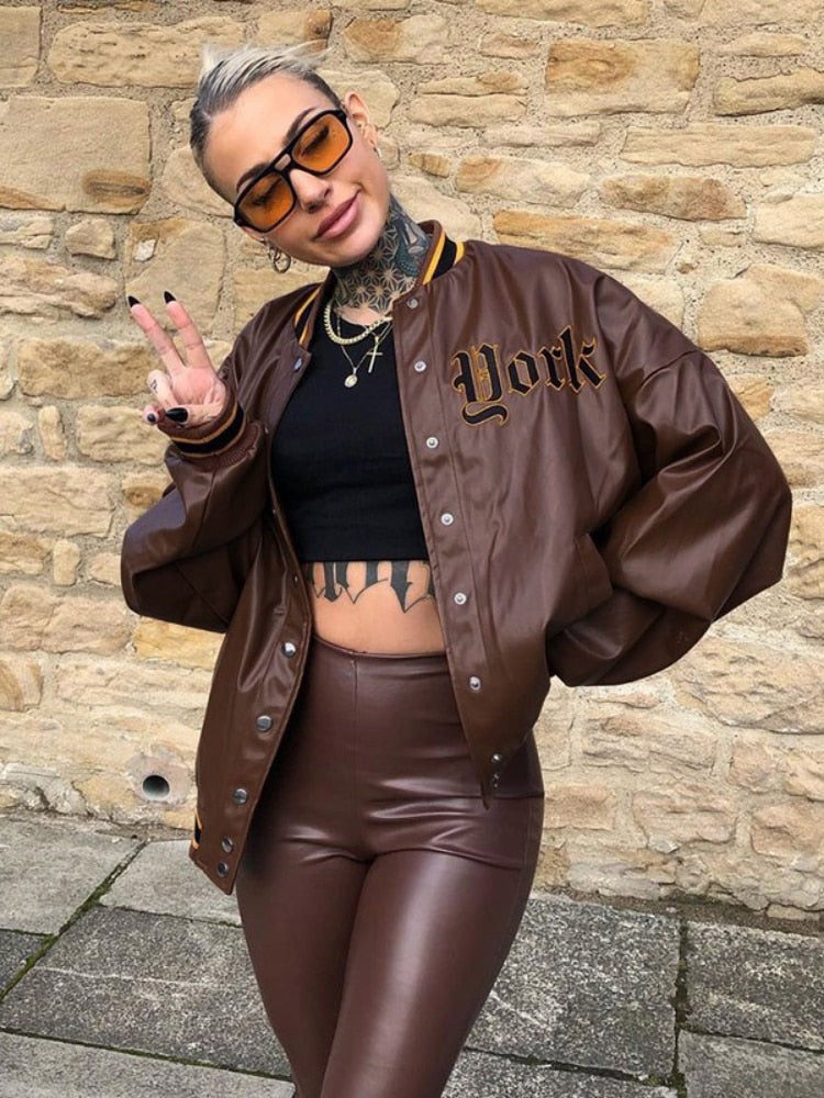 swvws Letter Embroidery Women Long Sleeve Pu Fake Leather Baseball Jacket Loose Oversized Casual Streetwear  Autumn Winter