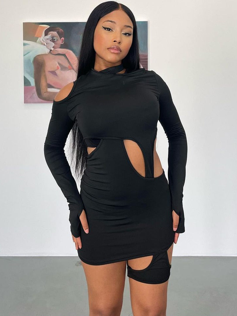 swvws Autumn Sexy Y2K Clothes Hollow Out Long Sleeve Irregular Bodycon Mini Dress For Women  Club Party Streetwear Outfits