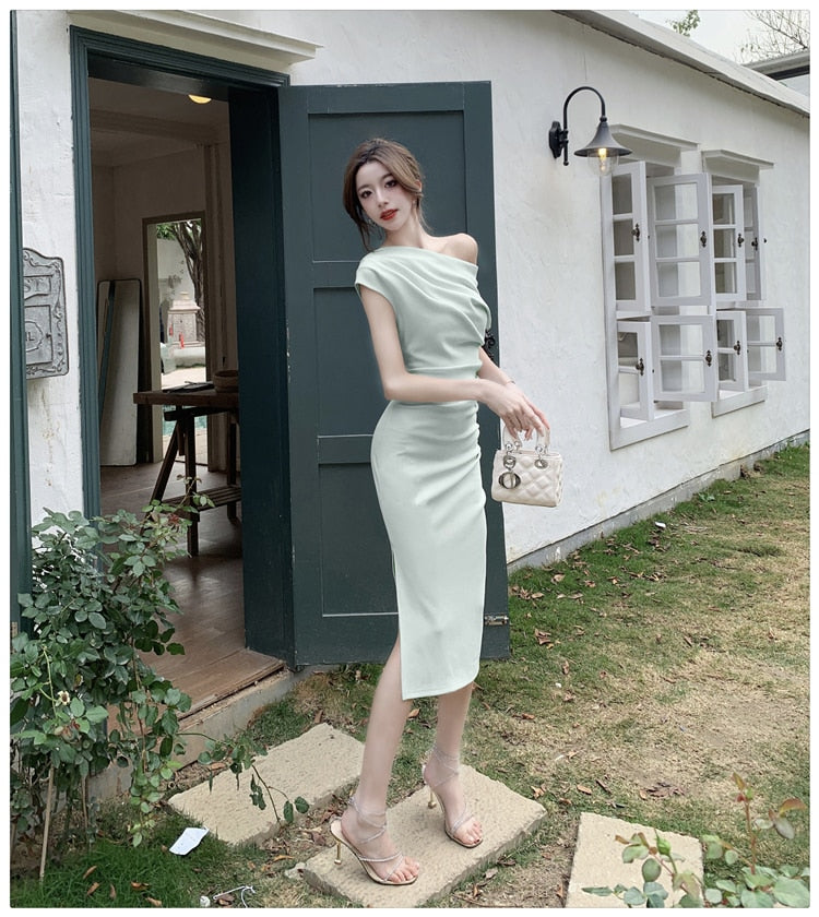 swvws French Temperament Celebrity Wind Sexy Strapless Oblique Collar Dress Female Spring and Summer Slim Open Package Hip Long Dress