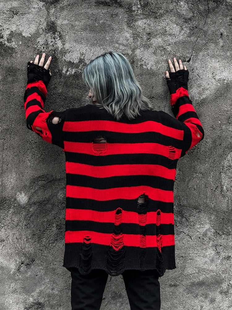 swvws Y2K Striped Sweaters Washed Destroyed Ripped Sweater Couple Hole Knit Jumpers Tops Unisex Oversized Pullovers Harajuku Su茅teres