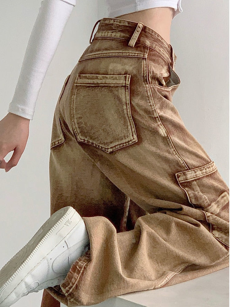 swvws Y2K Brown Cargo Pants Women 90S Vintage Grunge High Waist Baggy Jeans Streetwear Wide Leg Loose Denim Trousers Female