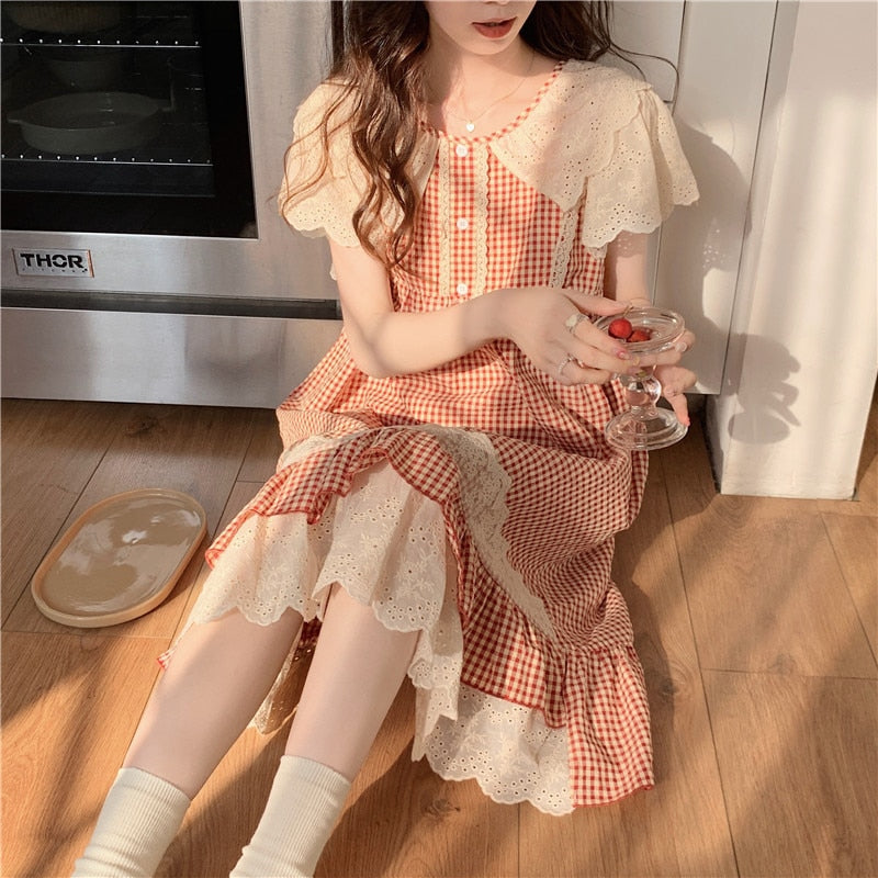 swvws Plaid Retro Elegant Casual NightDress Soft Ruffles Sweet Simple Summer O-Neck Princess Long Sleepwear Cotton Lace Short sleeve