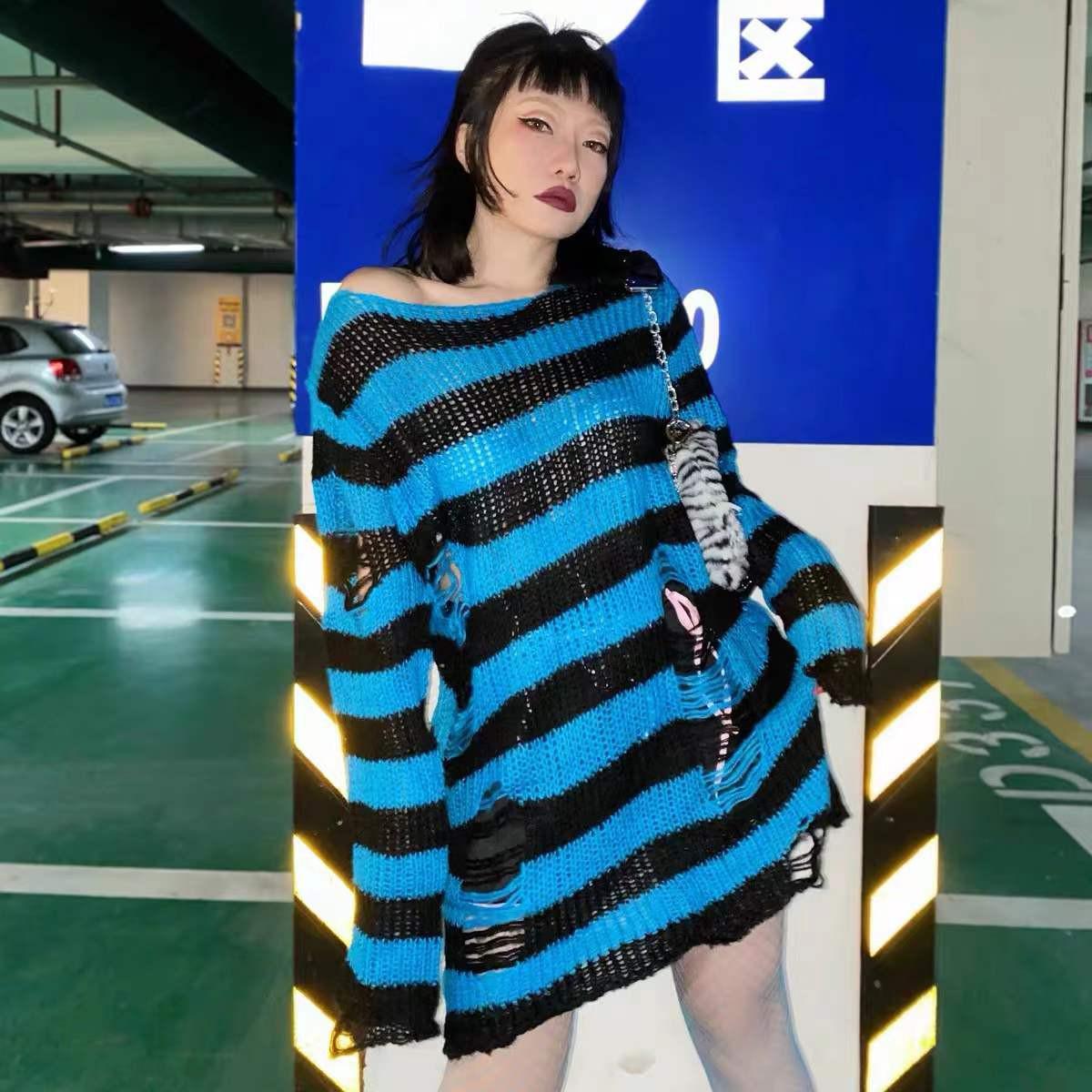 swvws Punk Gothic Sweater Emo Tops E-Girls Mall Goth Pullovers Y2k Harajuku Grunge Clothes Alt Dark Aesthetic Striped Jumpers