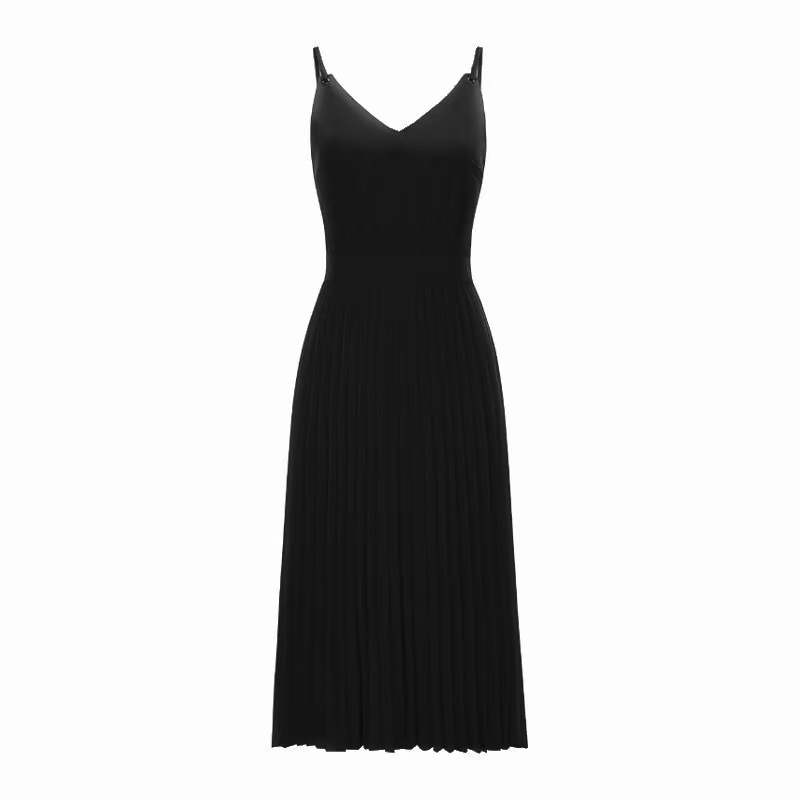 swvws Summer Strap Pleated Dress Women Vintage Sexy V-Neck Backless Midi Dress Elegant Franch Bodycon A-Line High Waist Party Vestidos