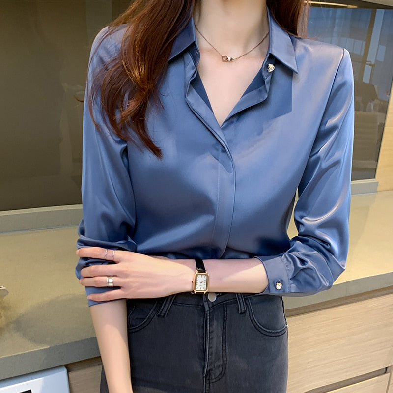 swvws Office Lady Silk Women Shirt Blouse Tops Button Shirts Female Long Sleeve Satin Blouses For Women Clothing Chemise Femme 17276