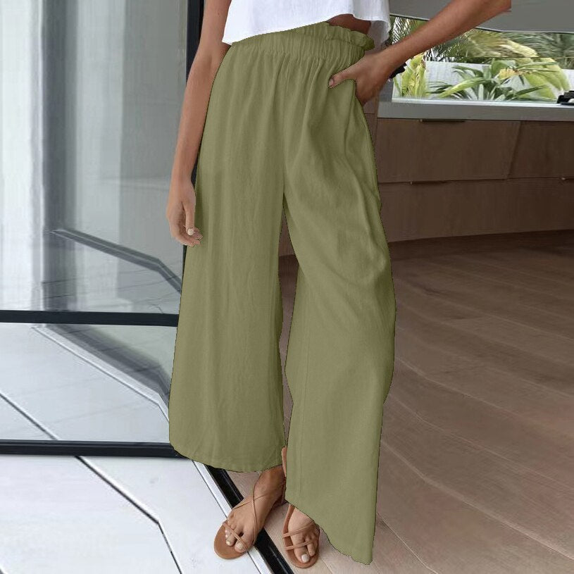 swvws Summer Cotton Linen Long Pant Women High Waist Wide Leg Pant Casual Solid Baggy Trouser Female Loose Retro Sweatpant Streetwear