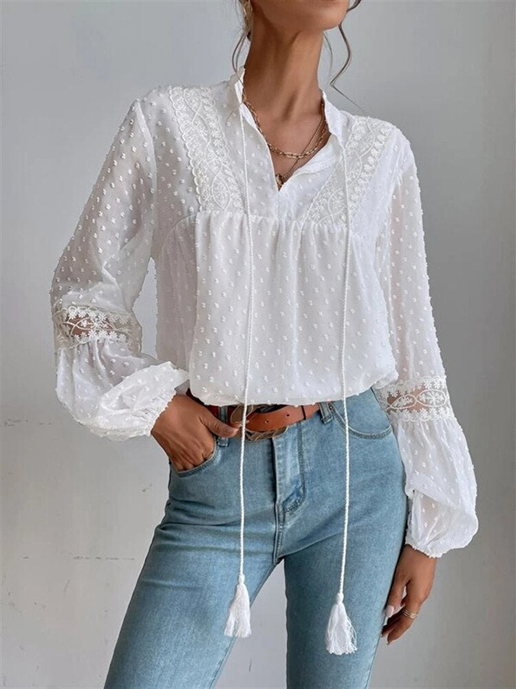 swvws Summer Elegant Polka Dot Blouse Shirt Women Long Sleeve Casual Blouses Loose Jacquard Office Lady Tops Female V Neck Solid Shirt