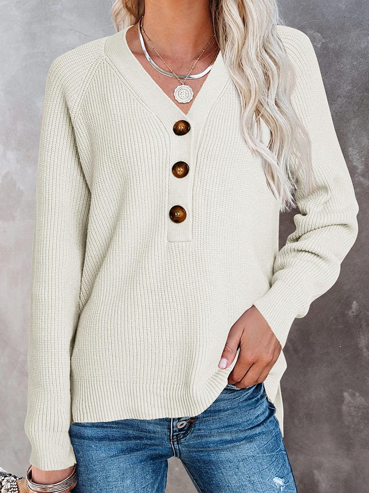 swvws Autumn Winter Button Pullover Casual Loose Women Knitted Sweater Long Sleeve Vintage V Neck Jumper Female Fashion Solid Knitwear